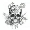 Black Gold Silver Broken decrepit Cracked and broken Skull and spine bone, dripping in blood and melting downwards. tattoo design idea