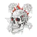 Black Gold Silver Broken decrepit Cracked and broken Skull and spine bone, dripping in blood and melting downwards. tattoo design idea