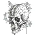 Black Gold Silver Broken decrepit Cracked and broken Skull and spine bone, dripping in blood and melting downwards. tattoo design idea