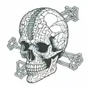 Black Gold Silver Broken decrepit Cracked and broken Skull and spine bone, dripping in blood and melting downwards. tattoo design idea