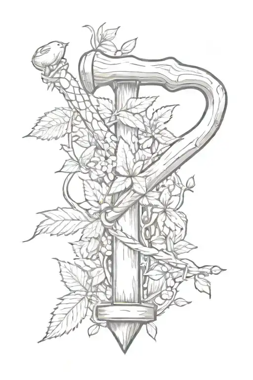 A sketch-style tattoo of a carpenter's hammer morphing into a blooming cannabis plant, with small animals like squirrels and birds perched on the branches tattoo design idea
