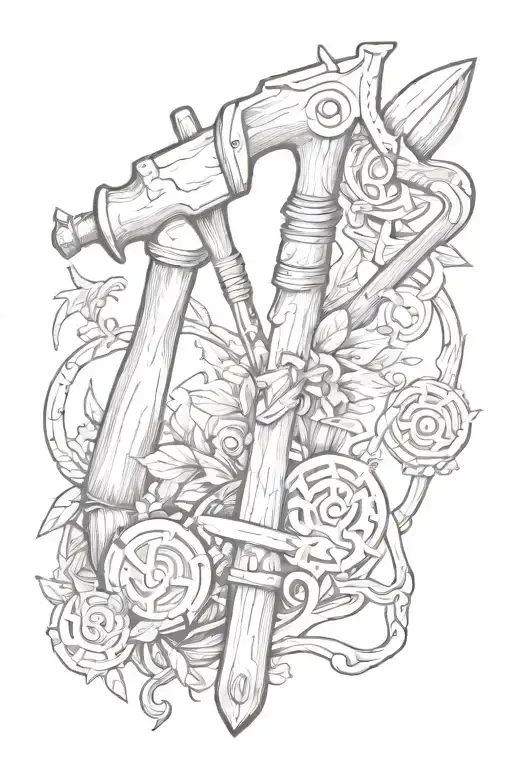 A carpenter's hammer and saw surrounded by animal totems inspired by Norse mythology tattoo design idea