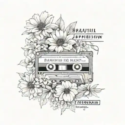 black and white mixed feminin mixed tape with the words beautiful depression written on it with flowers around it  tattoo design idea