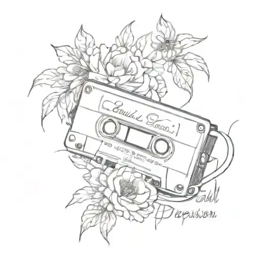 black and white feminin mixed tape with the words beautiful depression written on the tape in cursive with flowers   tattoo design idea