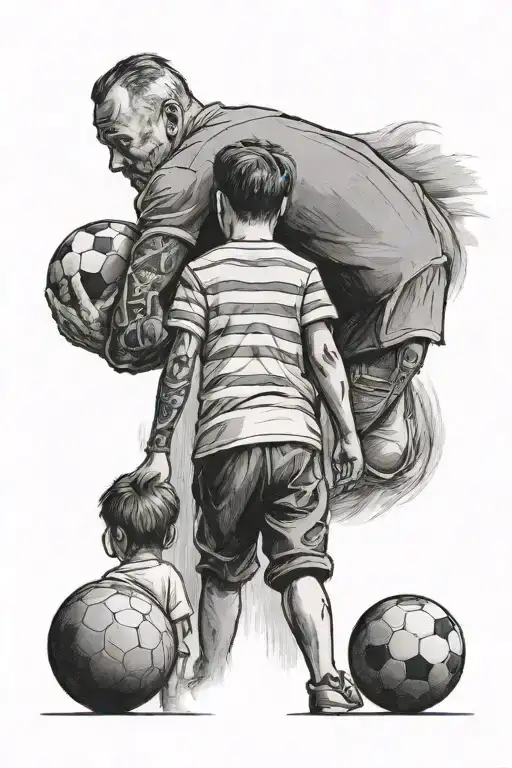 a father and son with their backs turned and walking and the son is holding a ball in his hand and wearing a football shirt tattoo design idea