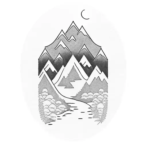 nature trail with mountains and waterfall 3/4 sleeve  tattoo design idea