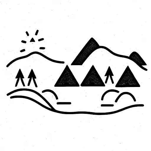 clean nature trail with mountains and waterfall 3/4 sleeve  tattoo design idea