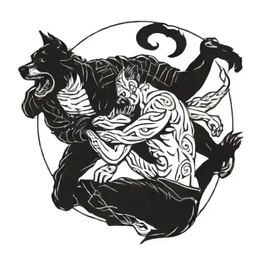 a man and a dog fighting death date tattoo design idea