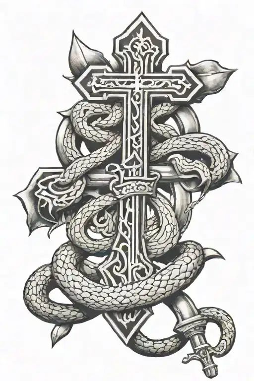 syriac orthodox cross, but the bottom is a sword while the top is a staff and the tip is the head of two snakes tattoo design idea