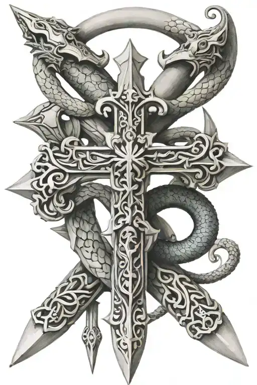 A sword crossing over a staff with the head of two snakes, and placed on top of these is the syriac orthodox cross tattoo design idea