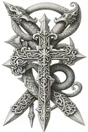 A sword crossing over a staff with the head of two snakes, and placed on top of these is the syriac orthodox cross tattoo design idea