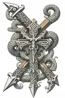 A sword crossing over a staff with the head of two snakes, and placed on top of these is the syriac orthodox cross tattoo design idea
