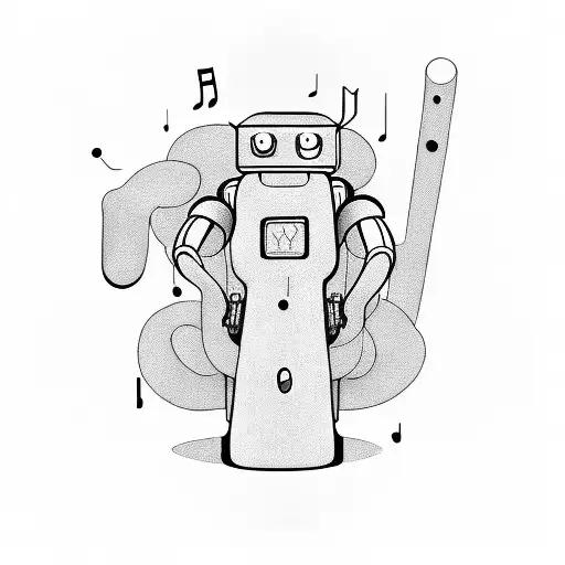 A sleeping robot surrounded by floating coffee mugs and musical notes tattoo design idea