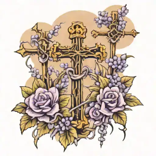 three crosses overlapping a lavender planr with clound in background  tattoo design idea
