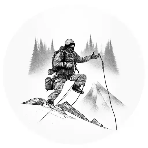 A special forces fighter climbing a steep mountain with a trail leading to a hidden techno music festival tattoo design idea