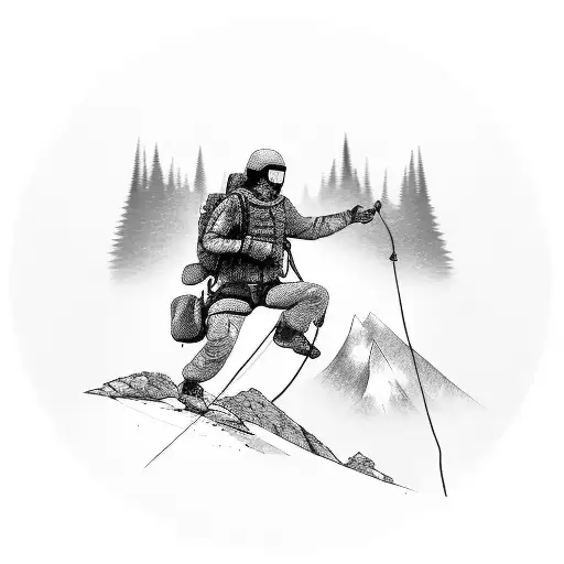 A special forces fighter climbing a steep mountain with a trail leading to a hidden techno music festival tattoo design idea