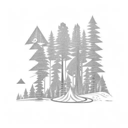 A trail winding through a dense forest with a silhouette of a DJ mixing music at the end tattoo design idea