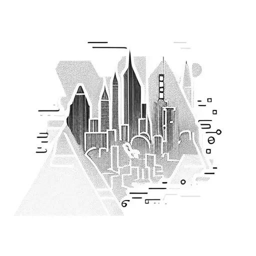 A group of hikers walking through a neon-lit cityscape with skyscrapers and a DJ booth at the end of the trail tattoo design idea