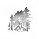 A trail winding through a dense forest with a silhouette of a DJ mixing music at the end tattoo design idea