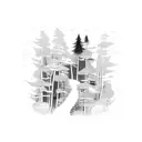 A trail winding through a dense forest with a silhouette of a DJ mixing music at the end tattoo design idea