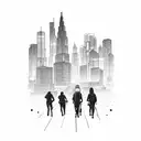 A group of hikers walking through a neon-lit cityscape with skyscrapers and a DJ booth at the end of the trail tattoo design idea