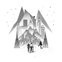 A group of hikers walking through a neon-lit cityscape with skyscrapers and a DJ booth at the end of the trail tattoo design idea