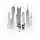 A group of hikers walking through a neon-lit cityscape with skyscrapers and a DJ booth at the end of the trail tattoo design idea