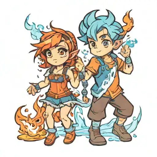 fire boy water girl game character but make it fire girl water boy tattoo design idea
