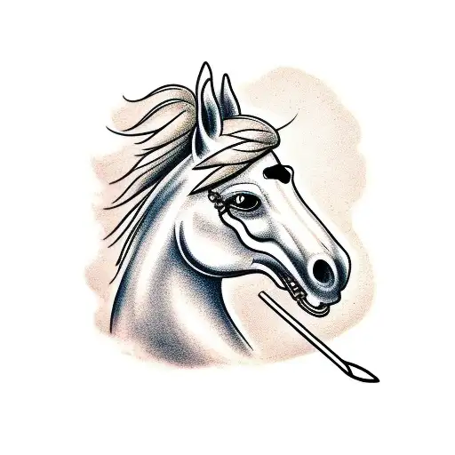 horse with straw in lip tattoo design idea