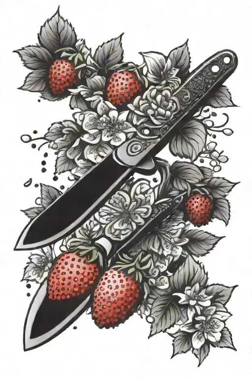 chef knives with strawberries and cherry blossom with a tattoo design idea