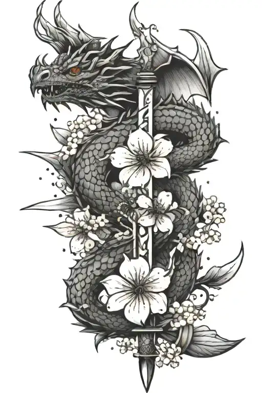 knives and cherry blossom with a dragon tattoo design idea