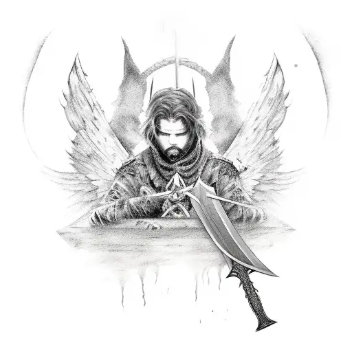 Fallen Angel with blood on his sword tattoo design idea