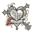 Cross piercing the heart shape with blood poruring and write May 6th besides it. tattoo design idea