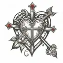 Cross piercing the heart shape with blood poruring and write May 6th besides it. tattoo design idea