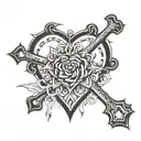 Cross piercing the heart shape with blood poruring and write May 6th besides it. tattoo design idea