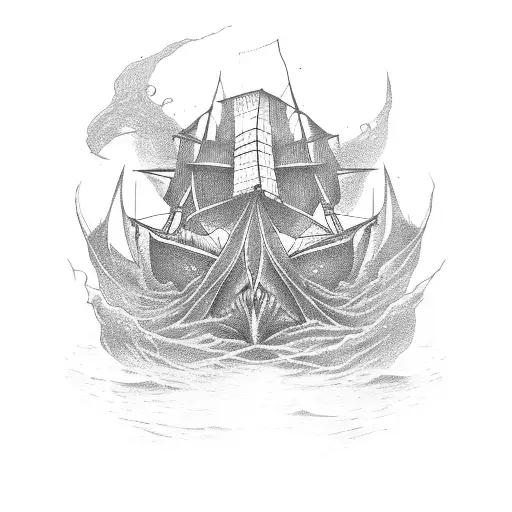 burning ship tattoo design idea