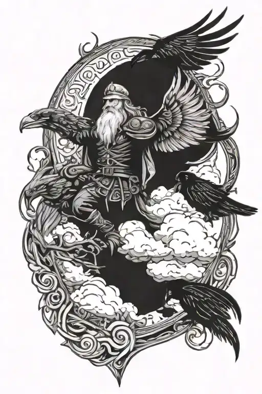 odin and his ravens between thunders tattoo design idea