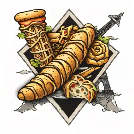 baguettes and croissants with Eiffel Tower in background  tattoo design idea