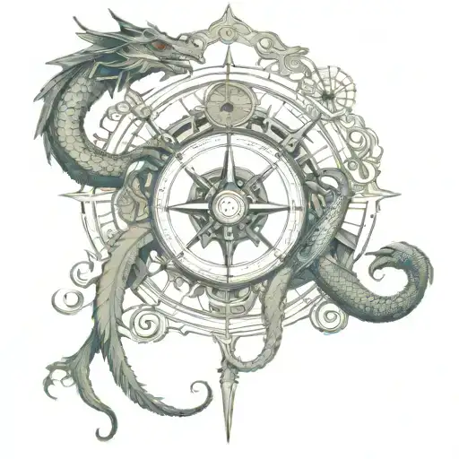 dragon and compass surrounded tattoo design idea
