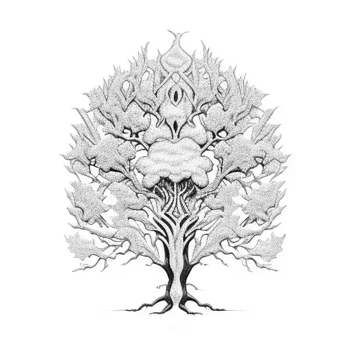 A blackwork tattoo of the White Tree of Gondor, with intricate branches and leaves tattoo design idea