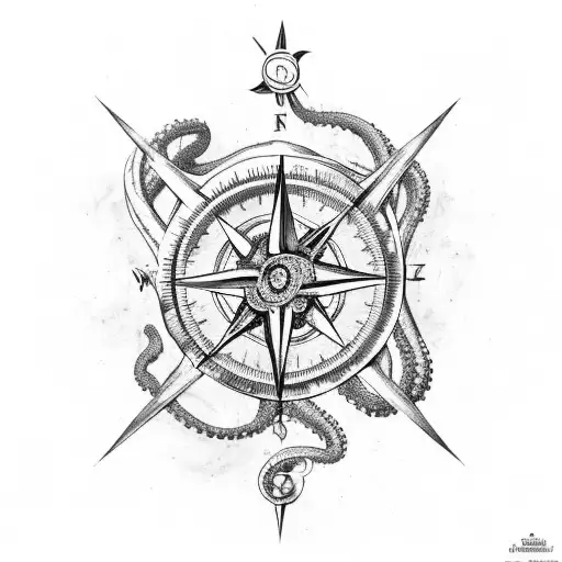 old map with a compass and octopus tenticles full sleeve tattoo design idea