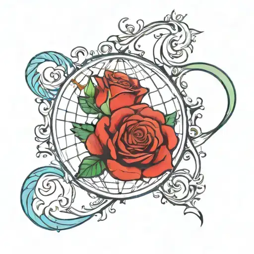 start world globe, end red rose, between three colour stripe in 's' shape in mid-blue, skyblue and green tattoo design idea