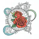 start world globe, end red rose, between three colour stripe in 's' shape in mid-blue, skyblue and green tattoo design idea