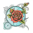 start world globe, end red rose, between three colour stripe in 's' shape in mid-blue, skyblue and green tattoo design idea