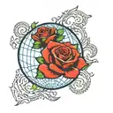 start world globe, end red rose, between three colour stripe in 's' shape in mid-blue, skyblue and green tattoo design idea