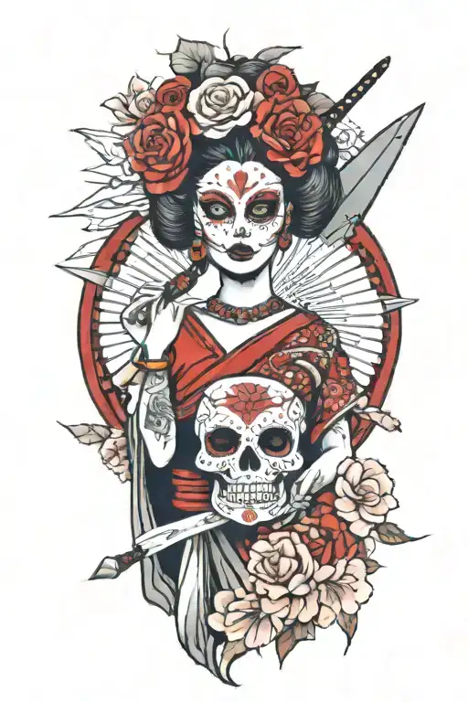 warrior geisha girl with half face sugar skull with fan knife surrounded by red roses an cherry blossoms  tattoo design idea