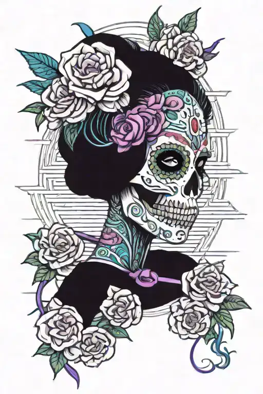 geisha sugar skull with katanas and surrounded by roses an cherry blossoms with purple, blue, teal an red tattoo design idea