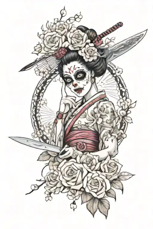 geisha sugar skull with knife fan surrounded by roses an cherry blossoms  tattoo design idea