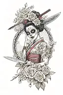 geisha sugar skull with knife fan surrounded by roses an cherry blossoms  tattoo design idea