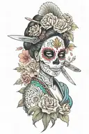 geisha sugar skull with knife fan surrounded by roses an cherry blossoms  tattoo design idea